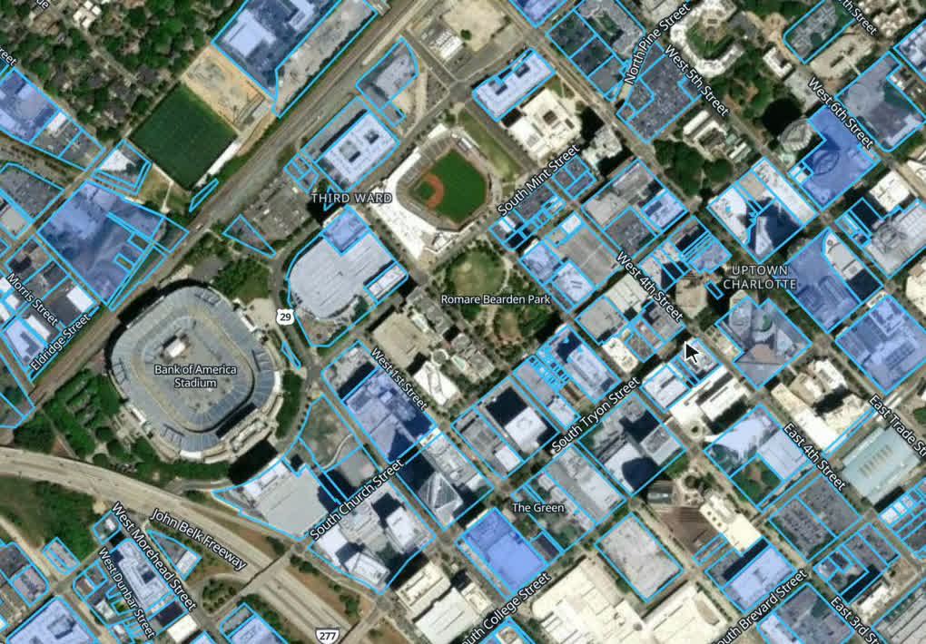 A still of the map, shown over uptown Charlotte, with commercial properties outlined